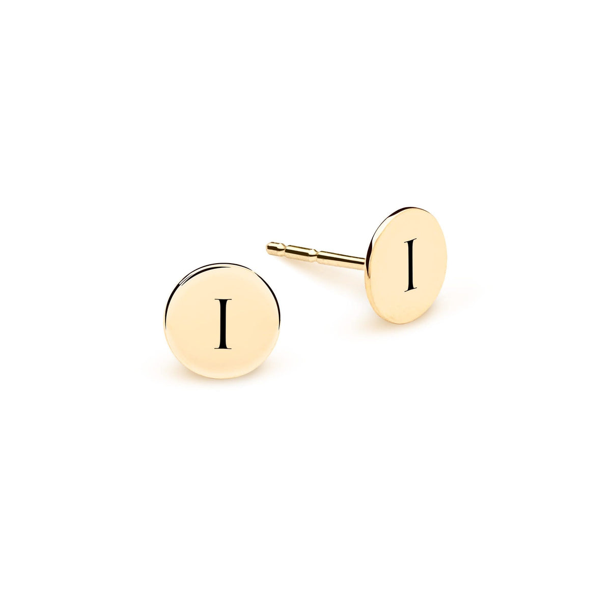 Pair of 14k yellow gold stud earrings each featuring one 1/4” flat disc engraved with the letter I - front view