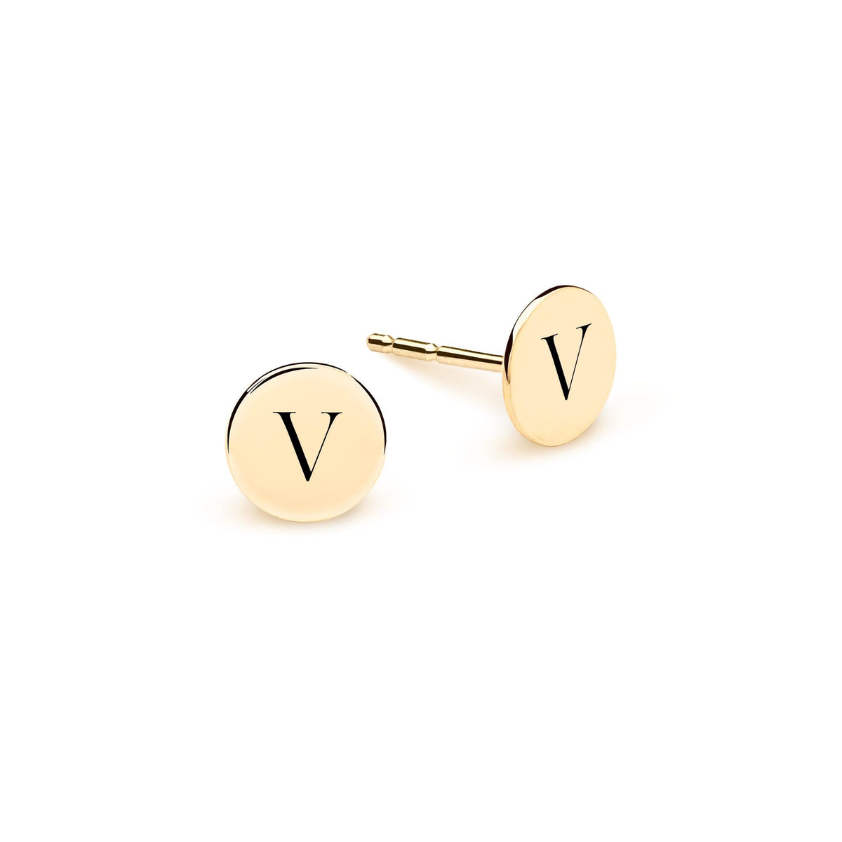 Pair of 14k white gold stud earrings each featuring one 1/4” flat disc engraved with the letter V - front view
