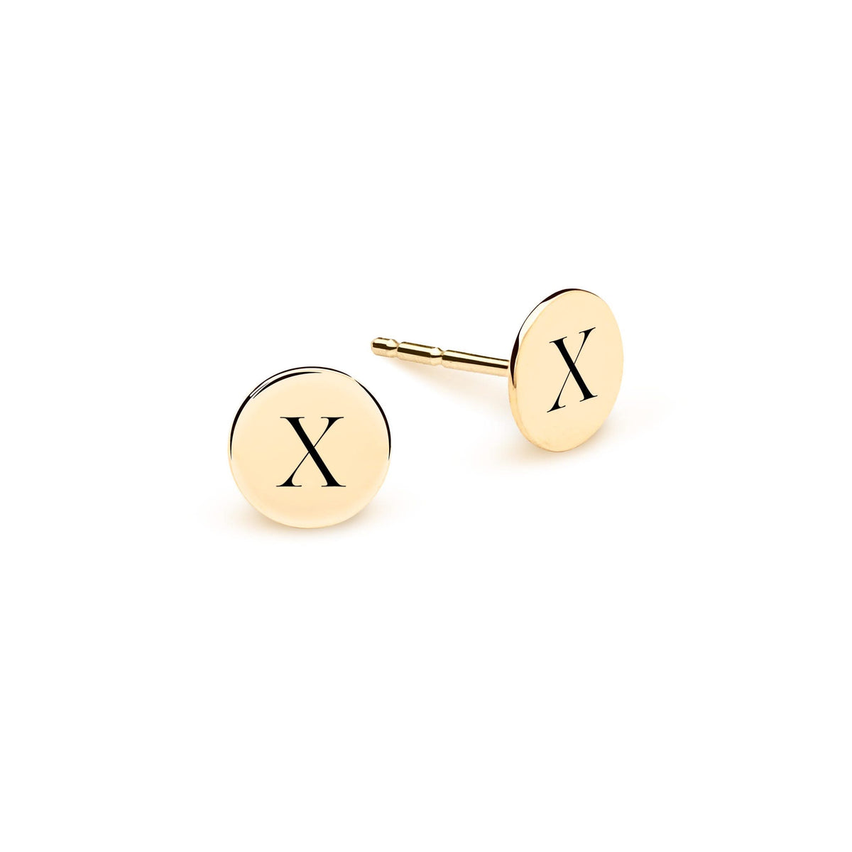 Pair of 14k yellow gold stud earrings each featuring one 1/4” flat disc engraved with the letter X - front view