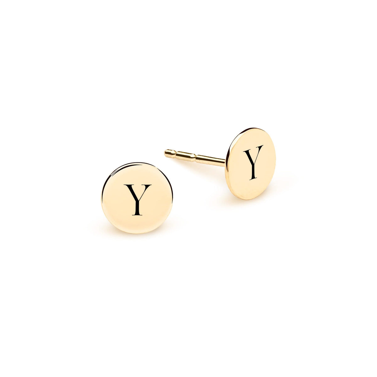 Pair of 14k yellow gold stud earrings each featuring one 1/4” flat disc engraved with the letter Y - front view