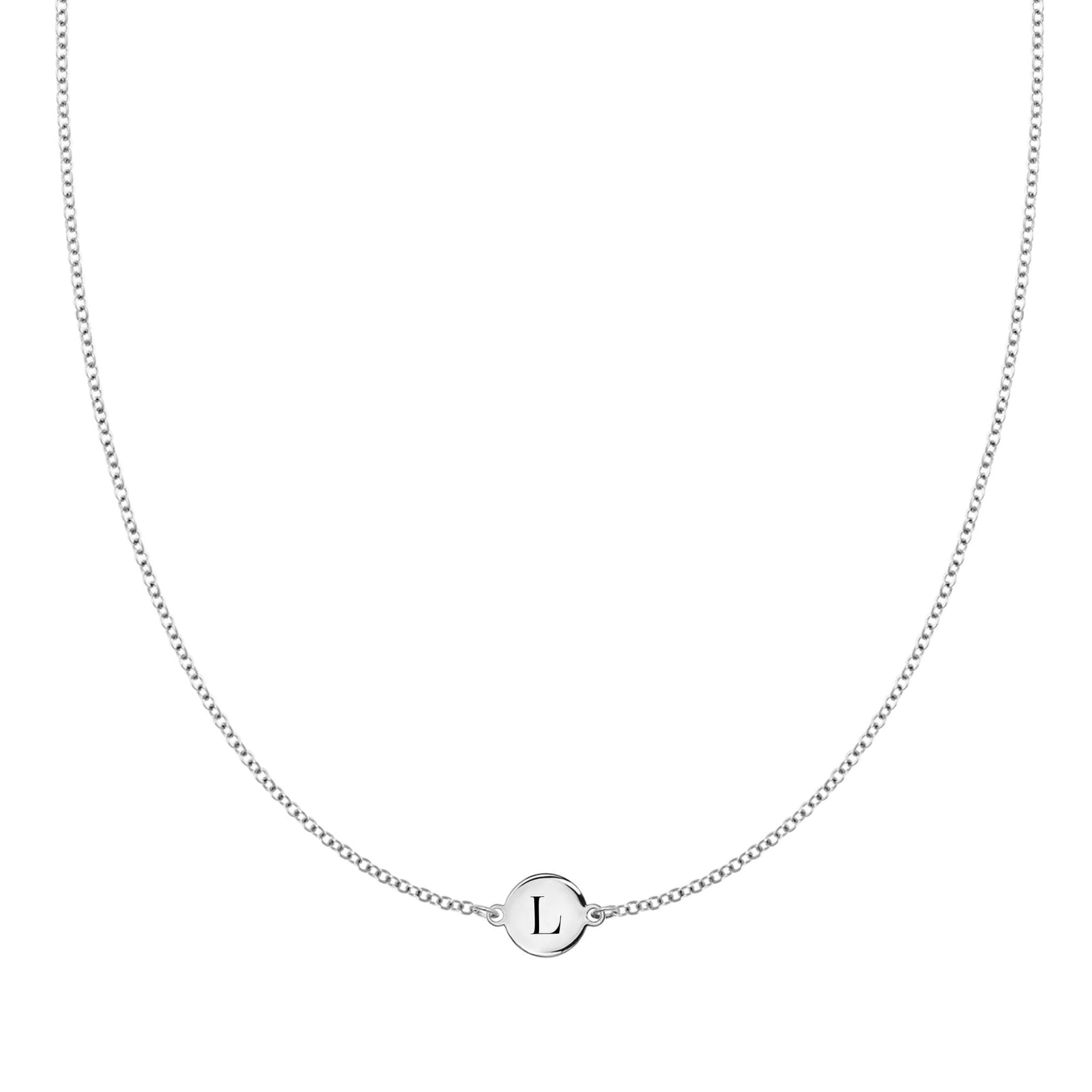 14k white gold cable chain necklace featuring one 1/4” flat disc engraved with the letter L