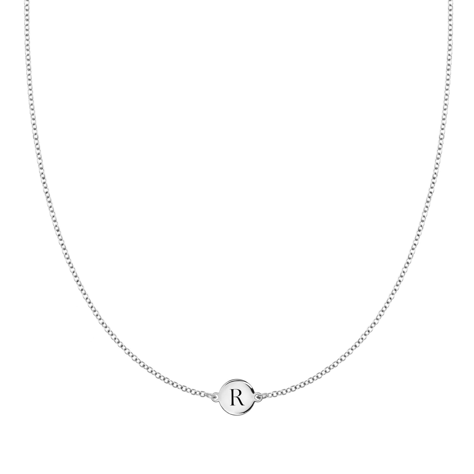 14k white gold cable chain necklace featuring one 1/4” flat disc engraved with the letter R