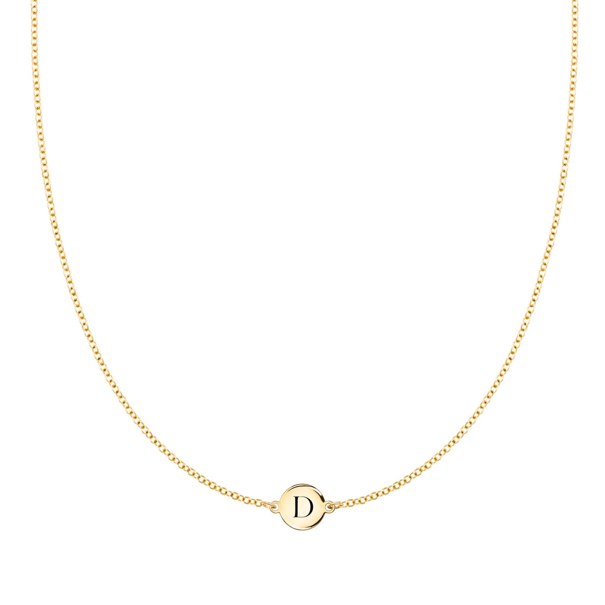 14k yellow gold cable chain necklace featuring one 1/4” flat disc engraved with the letter D - front view