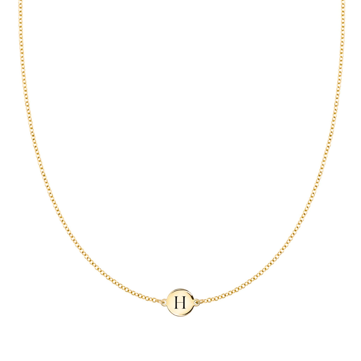 14k yellow gold cable chain necklace featuring one 1/4” flat disc engraved with the letter H- front view