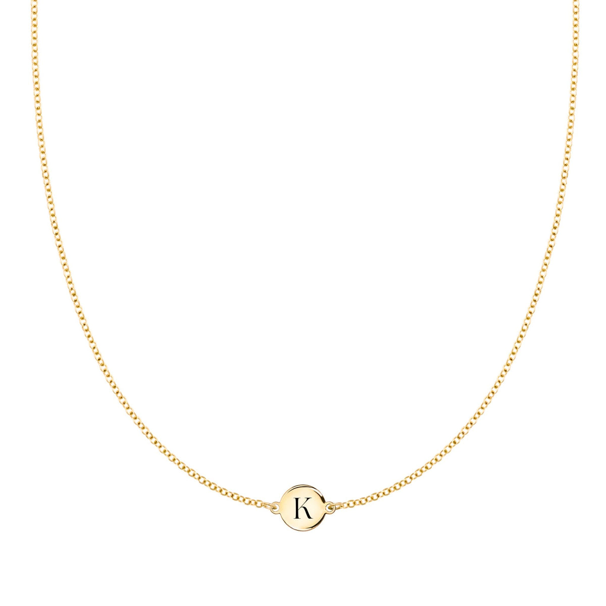14k yellow gold cable chain necklace featuring one 1/4” flat disc engraved with the letter K - front view
