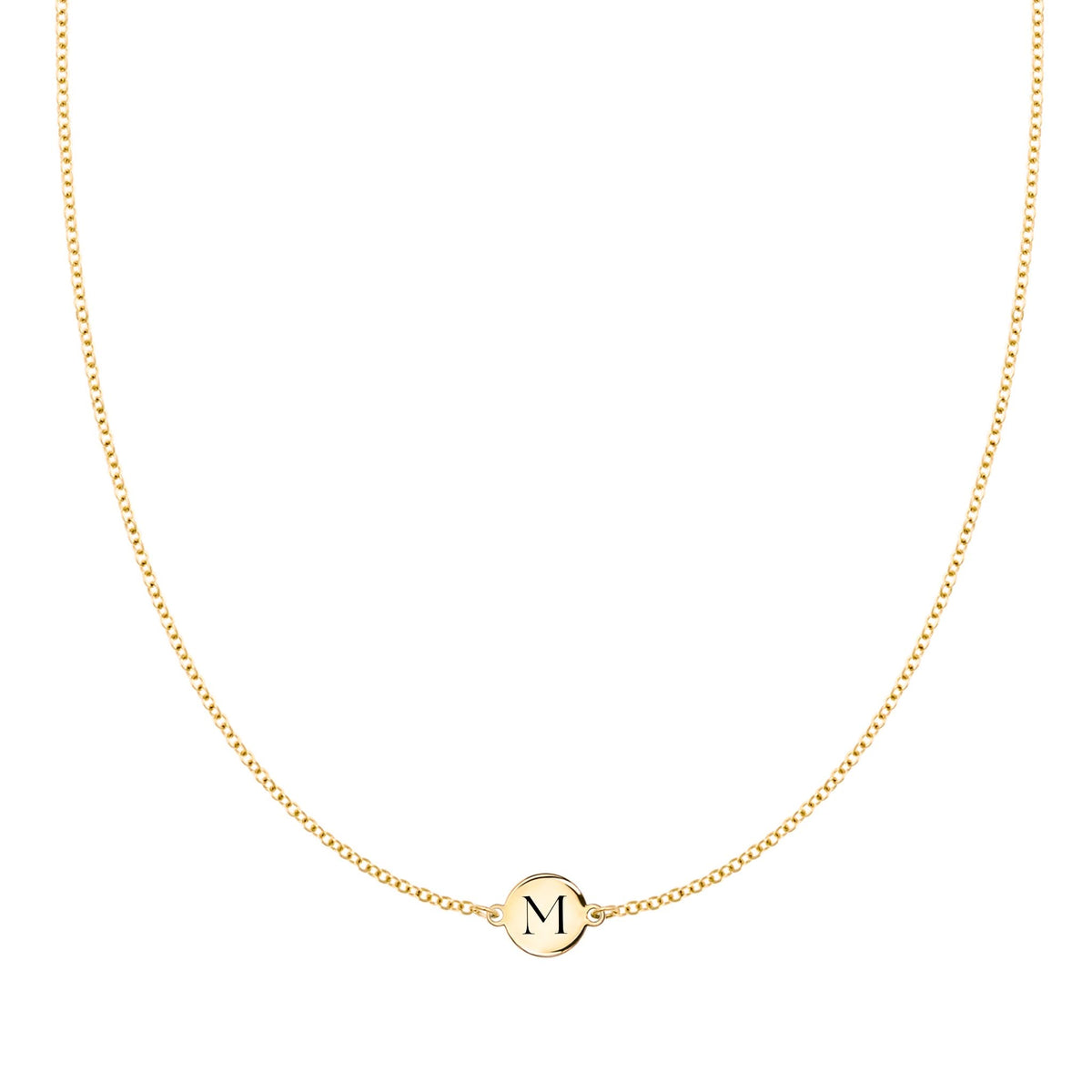14k yellow gold cable chain necklace featuring one 1/4” flat disc engraved with the letter M - front view