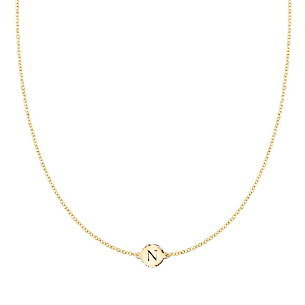 14k yellow gold cable chain necklace featuring one 1/4” flat disc engraved with the letter N - front view