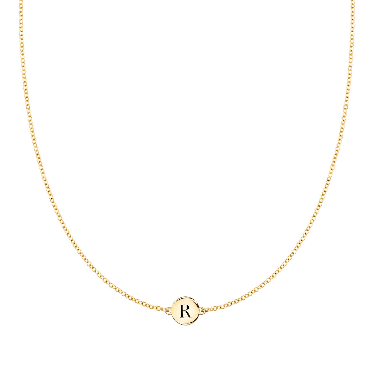 14k yellow gold cable chain necklace featuring one 1/4” flat disc engraved with the letter R - front view