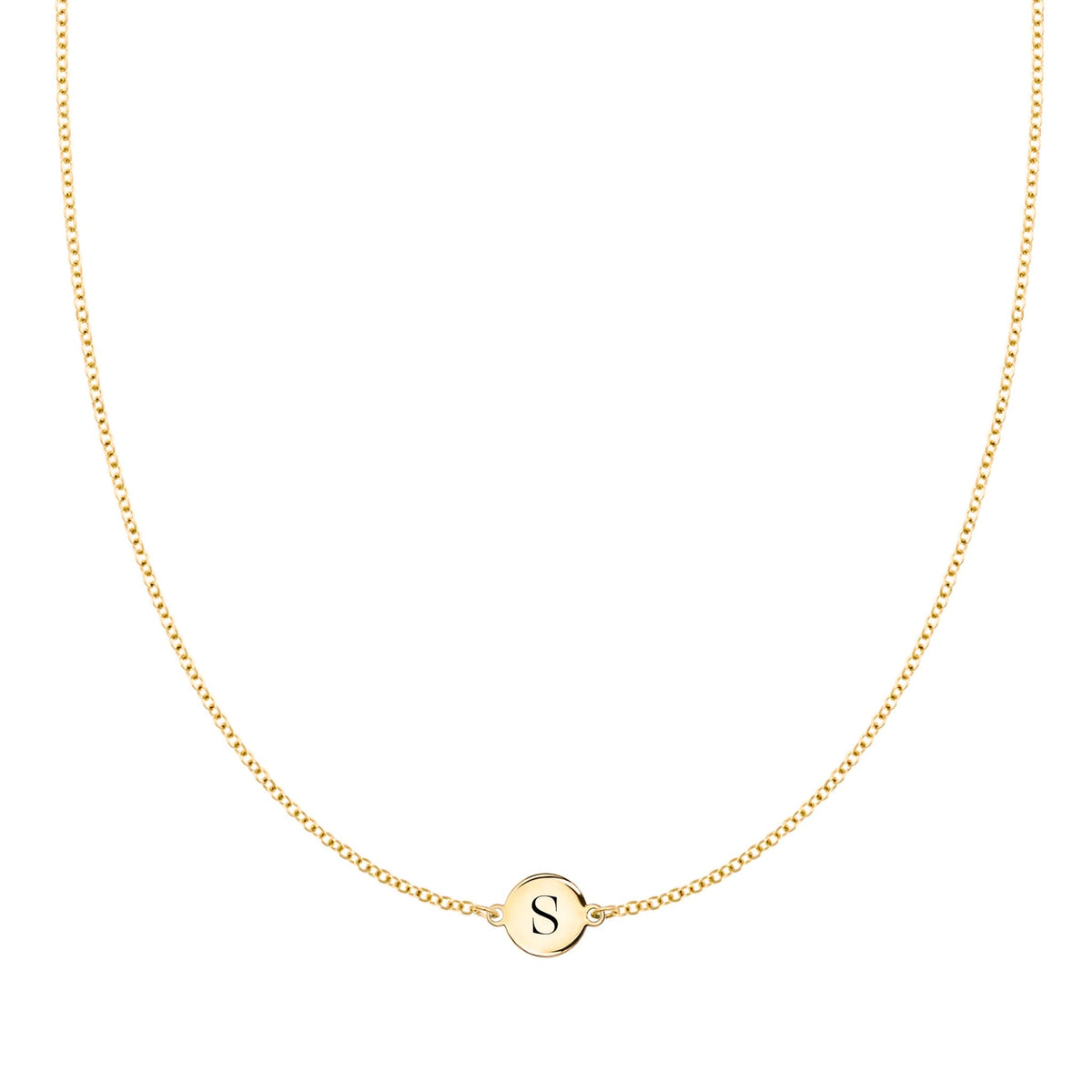 14k yellow gold cable chain necklace featuring one 1/4” flat disc engraved with the letter S - front view
