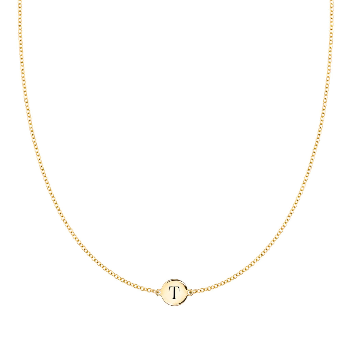 14k yellow gold cable chain necklace featuring one 1/4” flat disc engraved with the letter T - front view