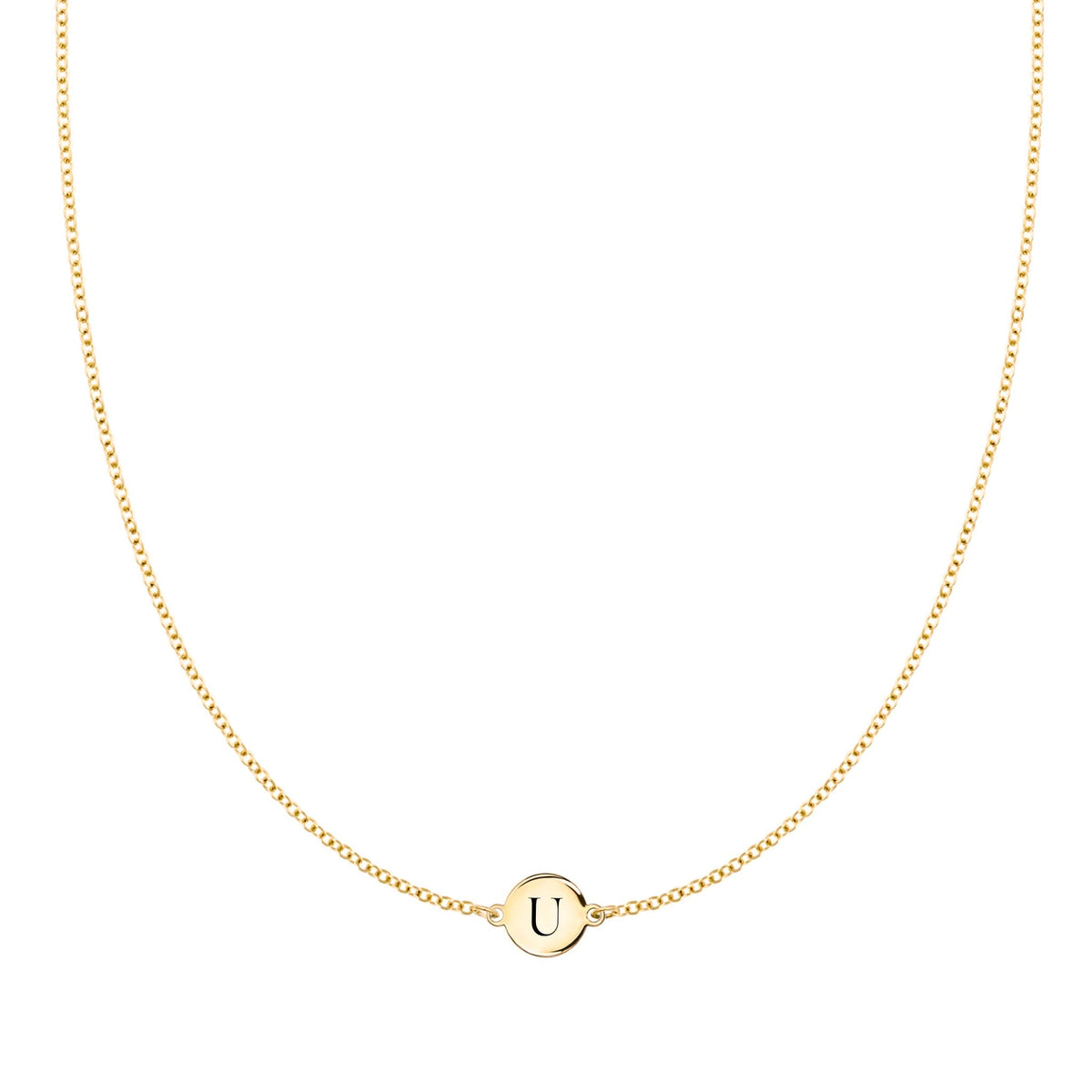 14k yellow gold cable chain necklace featuring one 1/4” flat disc engraved with the letter U - front view