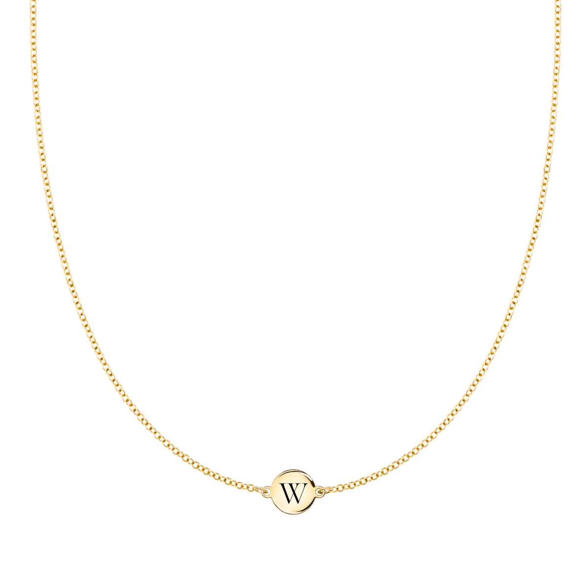 14k yellow gold cable chain necklace featuring one 1/4” flat disc engraved with the letter W - front view