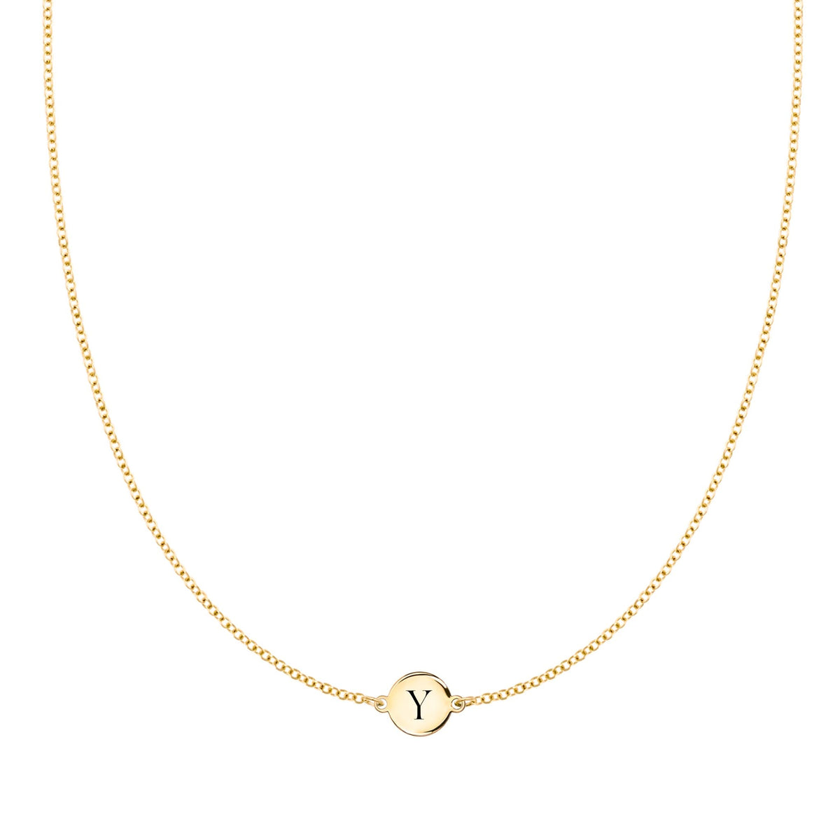 14k yellow gold cable chain necklace featuring one 1/4” flat disc engraved with the letter Y - front view