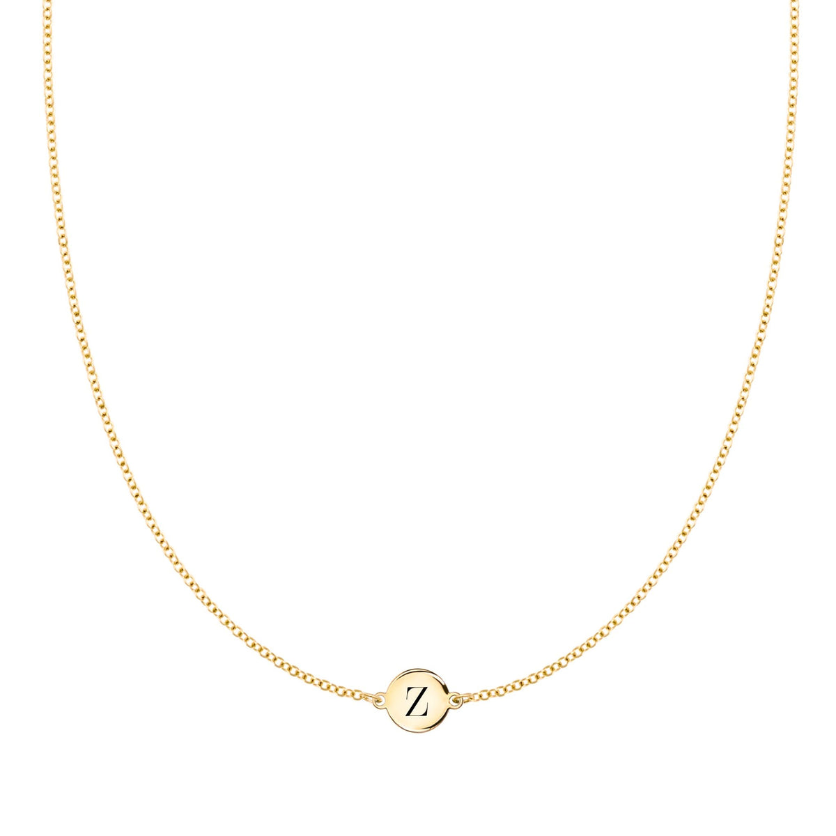 14k yellow gold cable chain necklace featuring one 1/4” flat disc engraved with the letter Z - front view