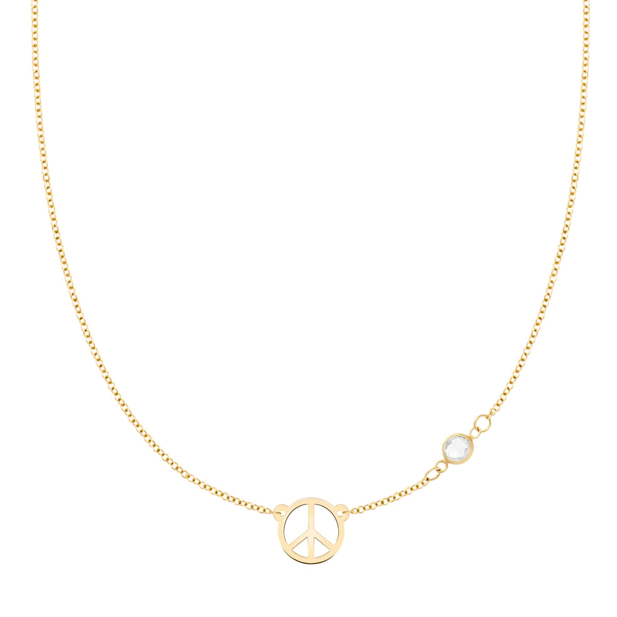 Small Peace Sign & 1 Birthstone Necklace in 14k Gold
