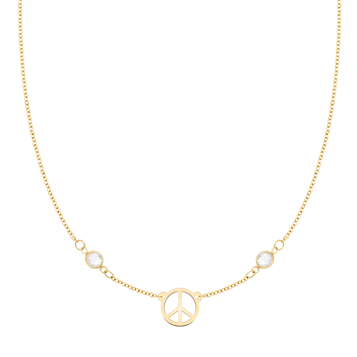 Small Peace Sign & 2 Birthstone Necklace in 14k Gold