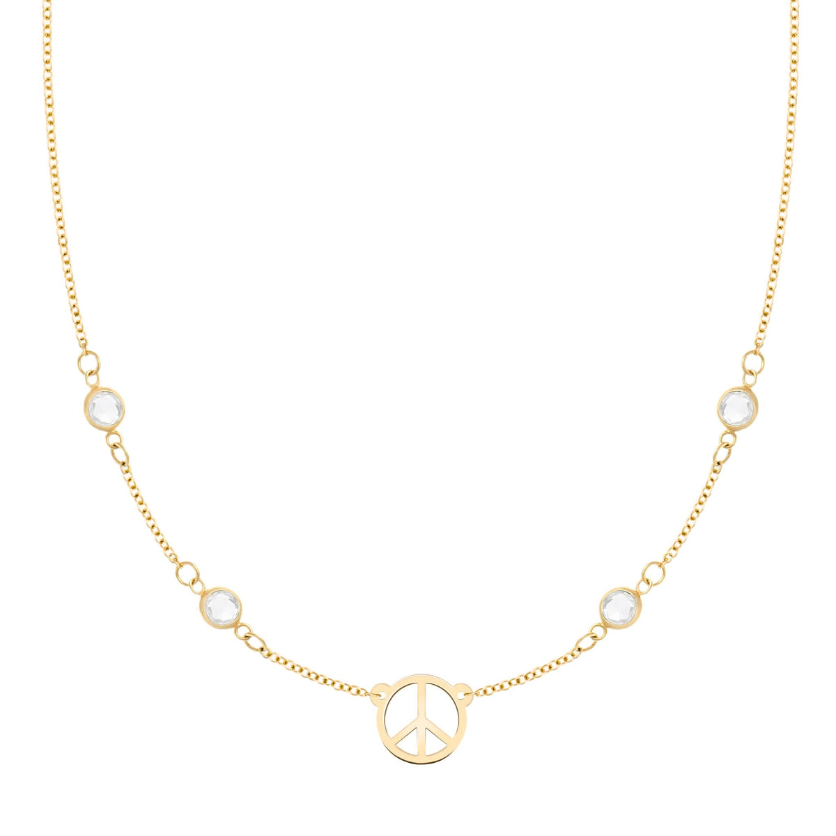 Small Peace Sign & 4 Birthstone Necklace in 14k Gold