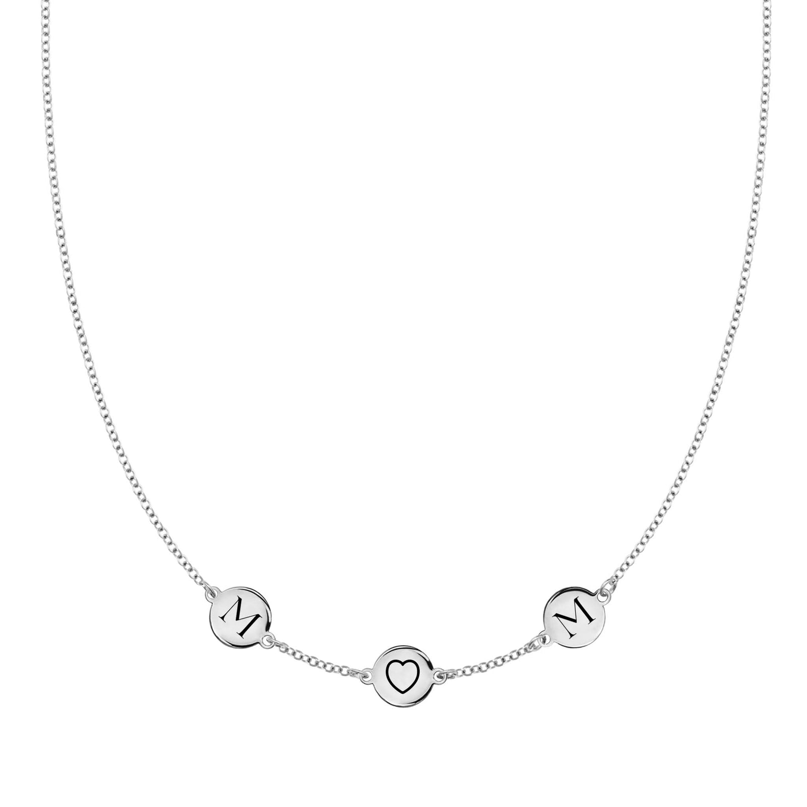 14k white gold cable chain necklace featuring three 1/4” flat engraved letter discs, spelling M-heart-M