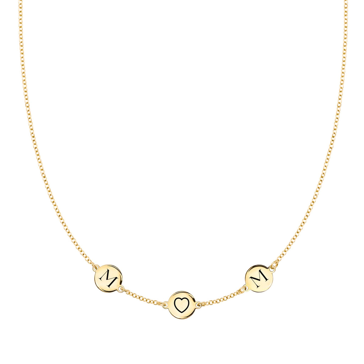 14k yellow gold cable chain necklace featuring three 1/4” flat engraved letter discs, spelling M-heart-M - front view