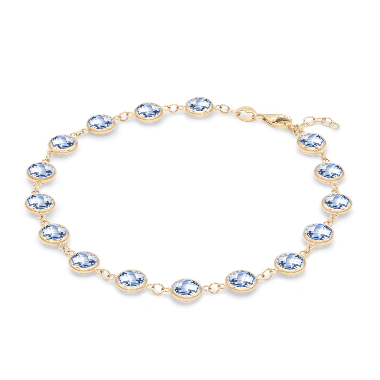 Newport Grand 14k yellow gold bracelet featuring sixteen 6 mm briolette cut bezel set aquamarines - angled view