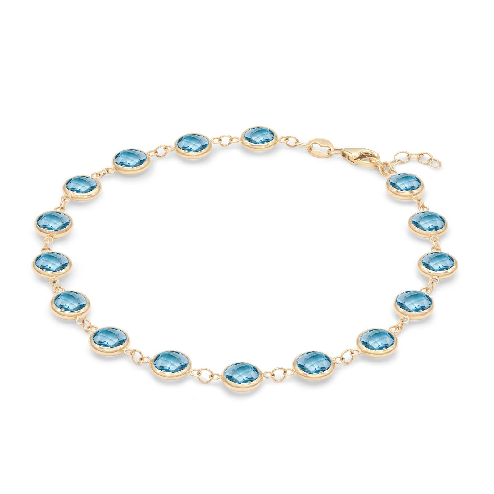 Newport Grand 14k yellow gold bracelet featuring sixteen 6 mm briolette cut bezel set Nantucket blue topaz - angled view