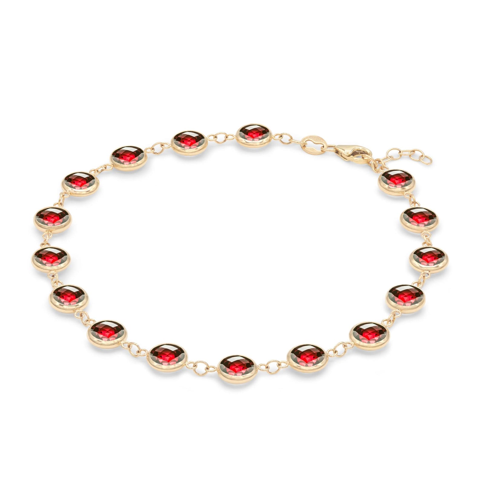 Newport Grand 14k yellow gold bracelet featuring sixteen 6 mm briolette cut bezel set garnets - angled view