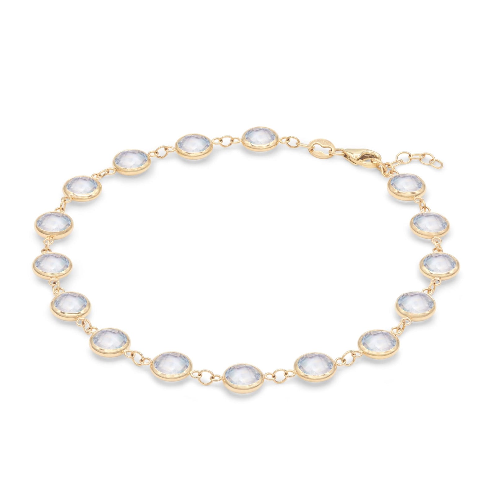 Newport Grand 14k yellow gold bracelet featuring sixteen 6 mm briolette cut bezel set moonstones - angled view