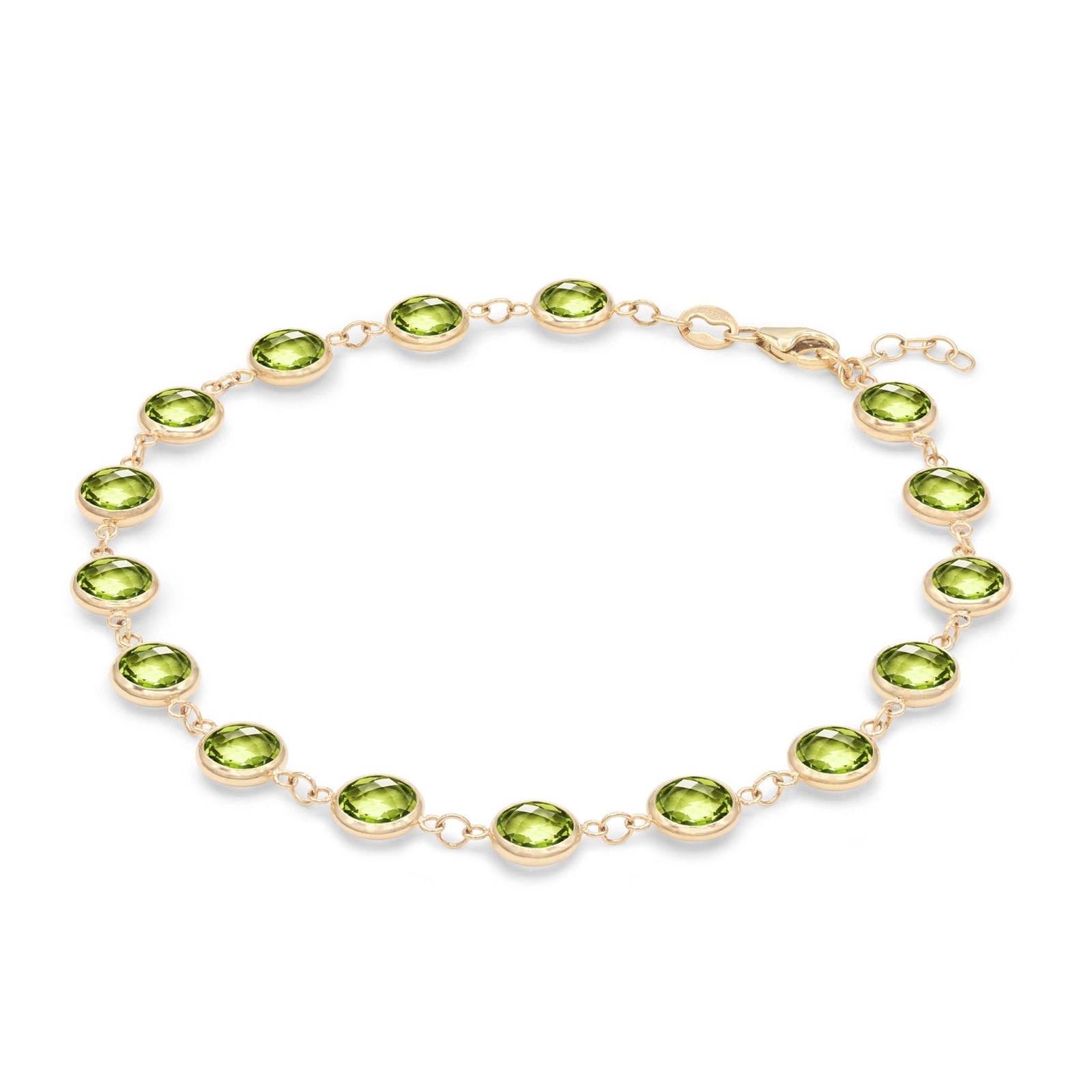 Newport Grand 14k yellow gold bracelet featuring sixteen 6 mm briolette cut bezel set peridots - angled view