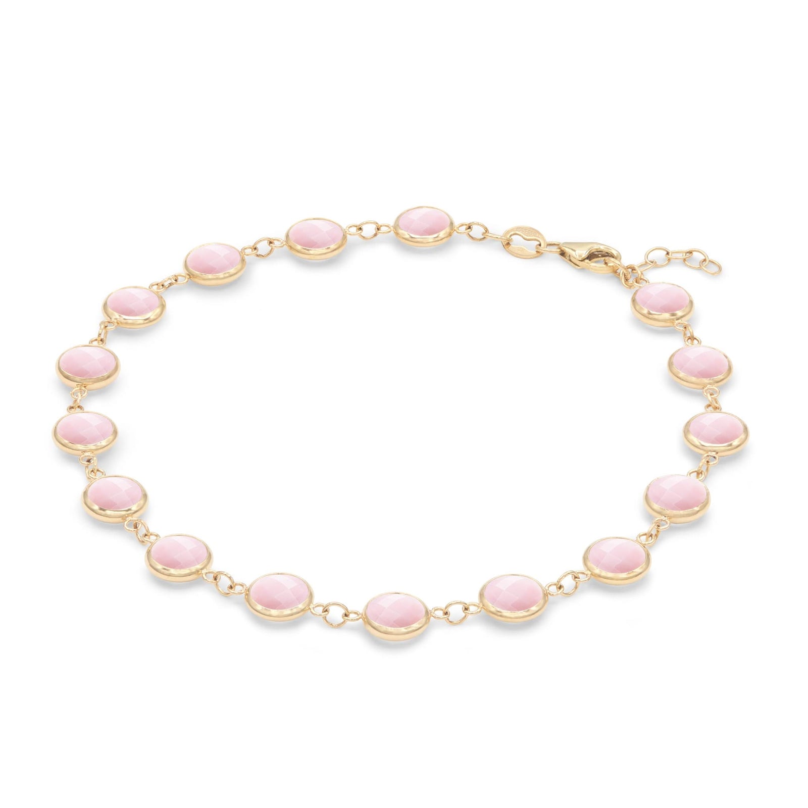 Newport Grand 14k yellow gold bracelet featuring sixteen 6 mm briolette cut bezel set pink opals - angled view