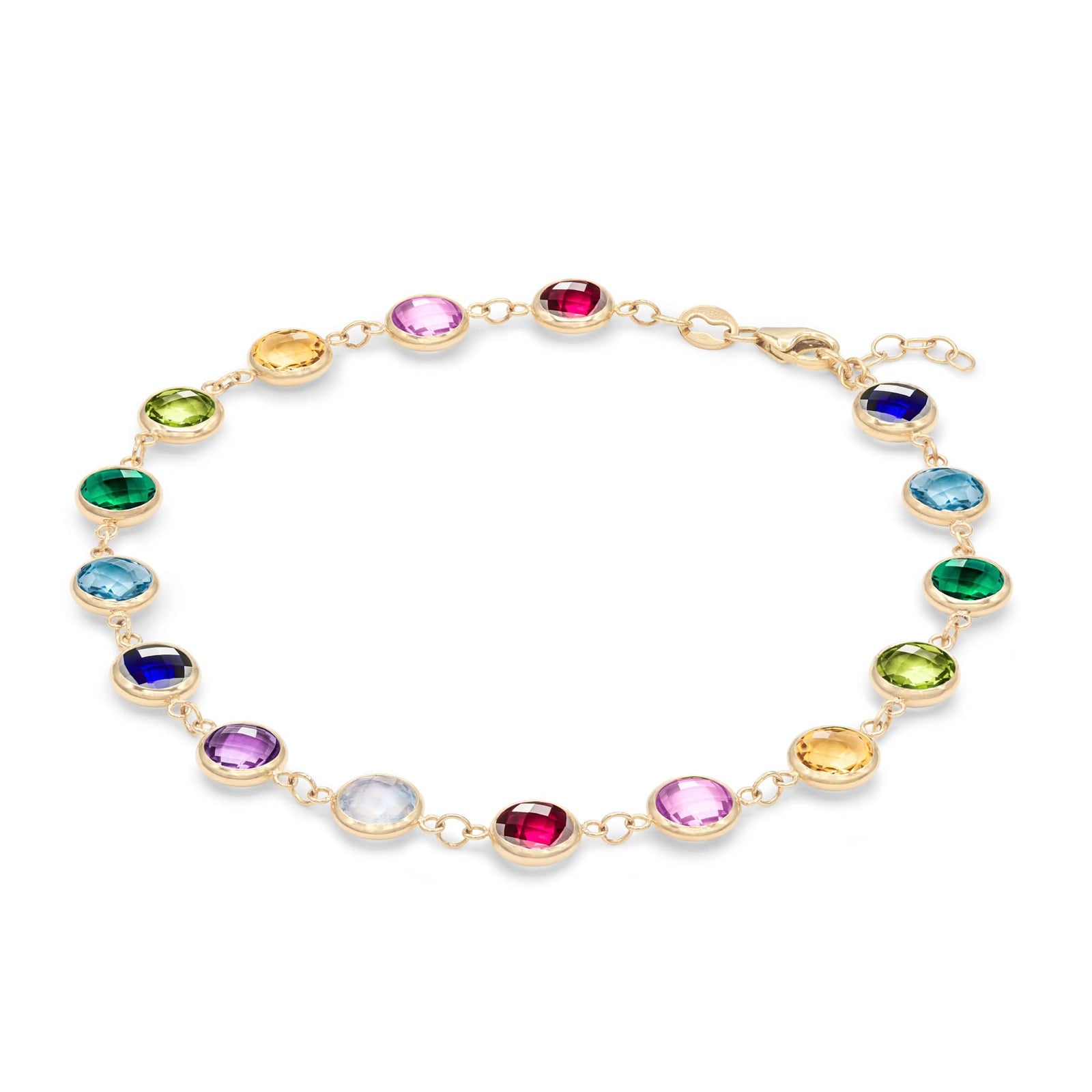 Newport Grand 14k yellow gold bracelet featuring sixteen 6 mm rainbow hued briolette cut bezel set gemstones - angled view