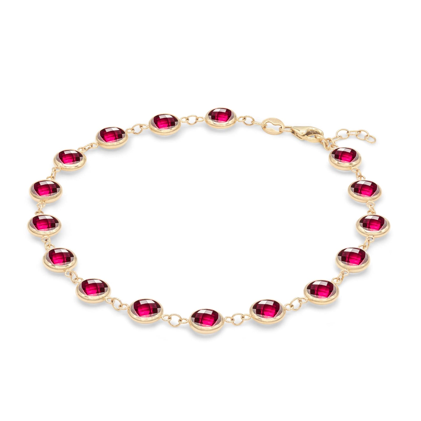 Newport Grand 14k yellow gold bracelet featuring sixteen 6 mm briolette cut bezel set rubies - angled view