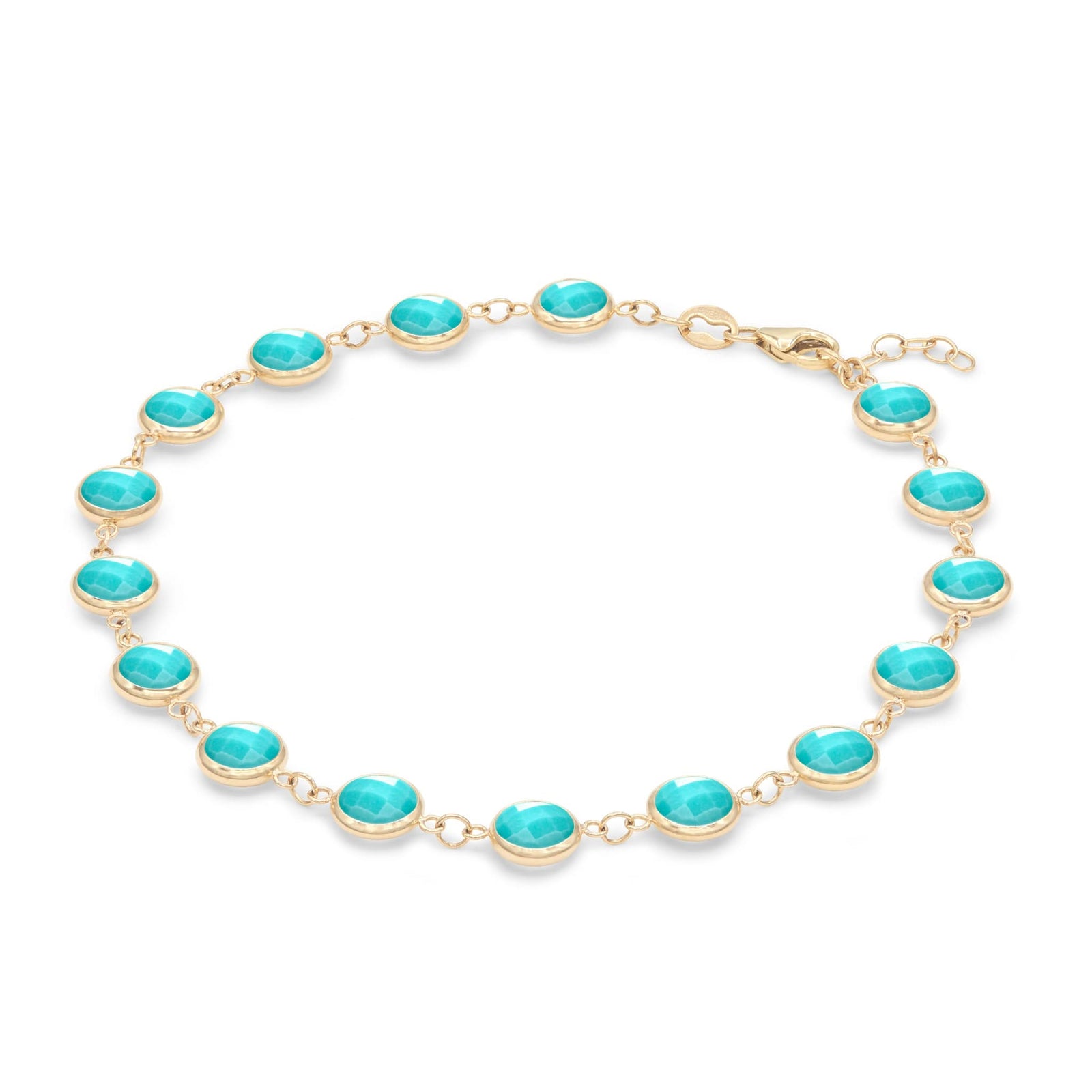 Newport Grand 14k yellow gold bracelet featuring sixteen 6 mm briolette cut bezel set turquoises - angled view