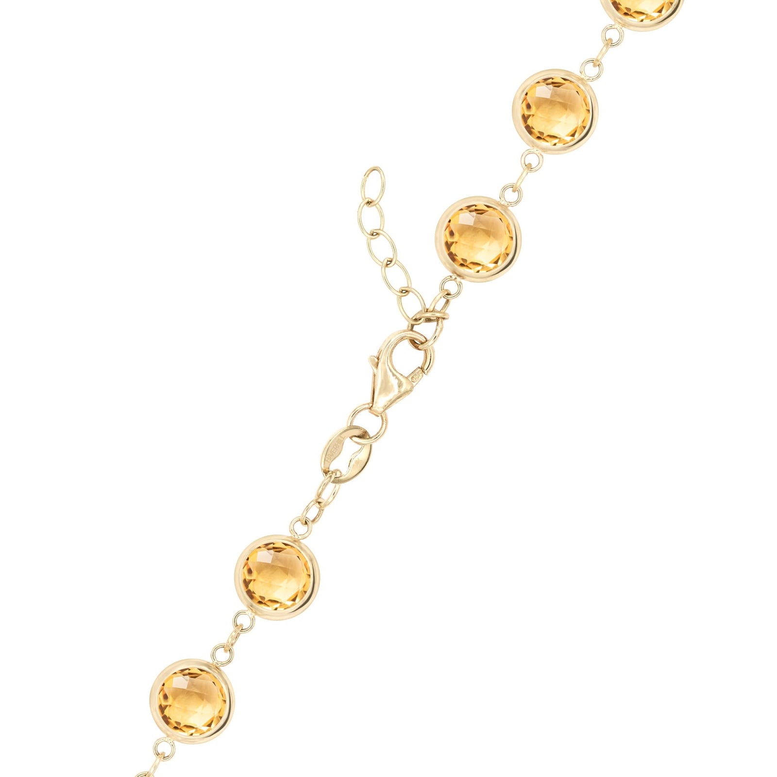 14k yellow gold 1.17 mm cable chain with a lobster claw clasp and 6 mm briolette cut bezel set citrines
