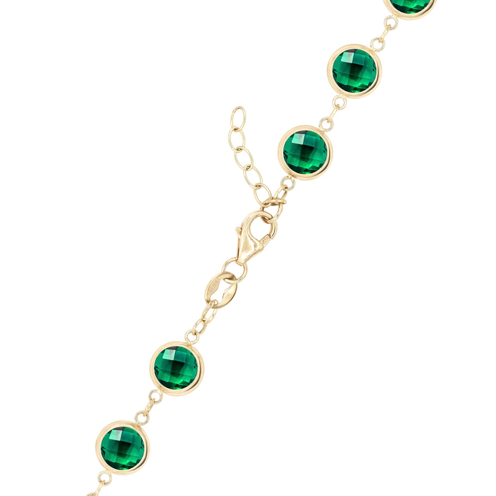 14k yellow gold 1.17 mm cable chain with a lobster claw clasp and 6 mm briolette cut bezel set emeralds