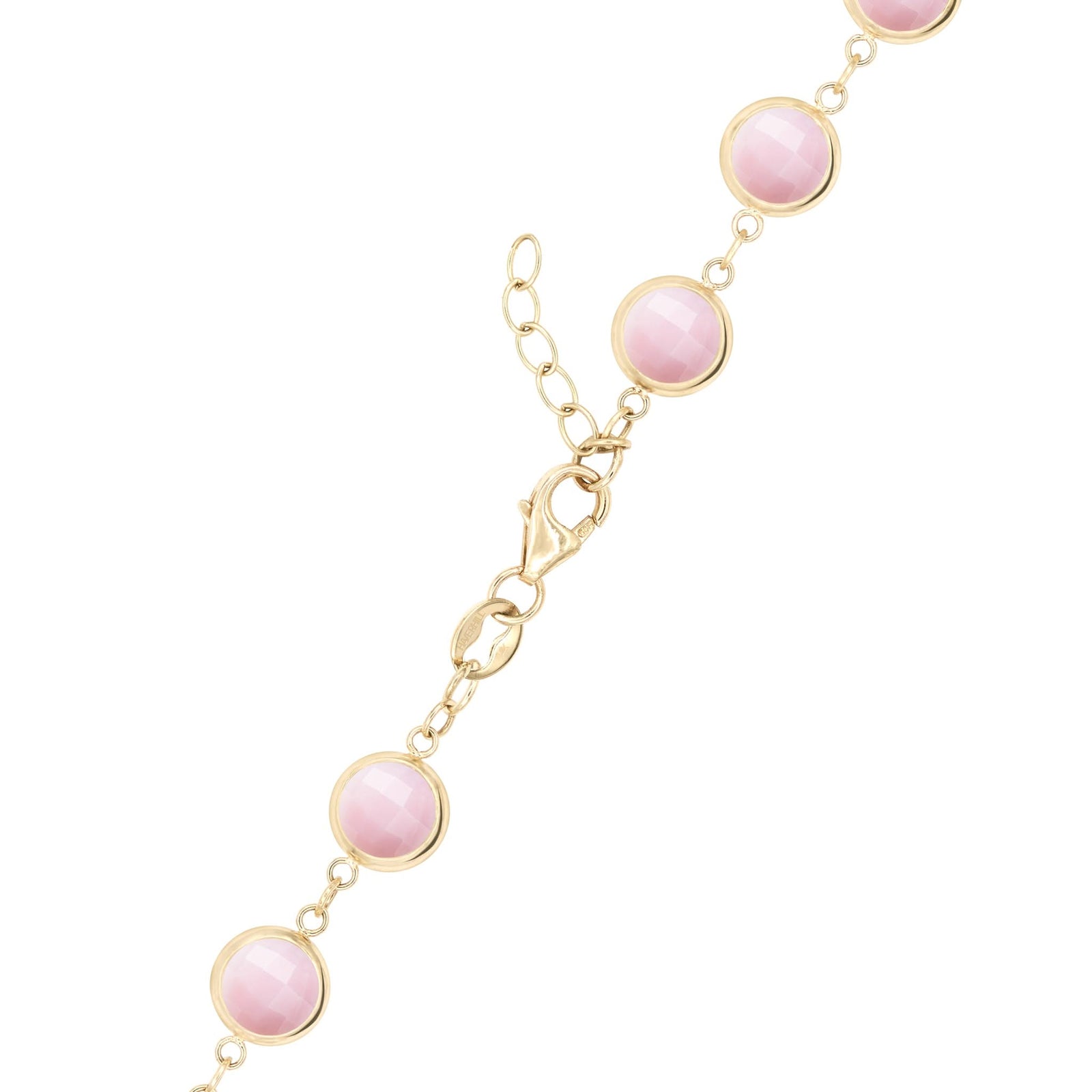 14k yellow gold 1.17 mm cable chain with a lobster claw clasp and 6 mm briolette cut bezel set pink opals