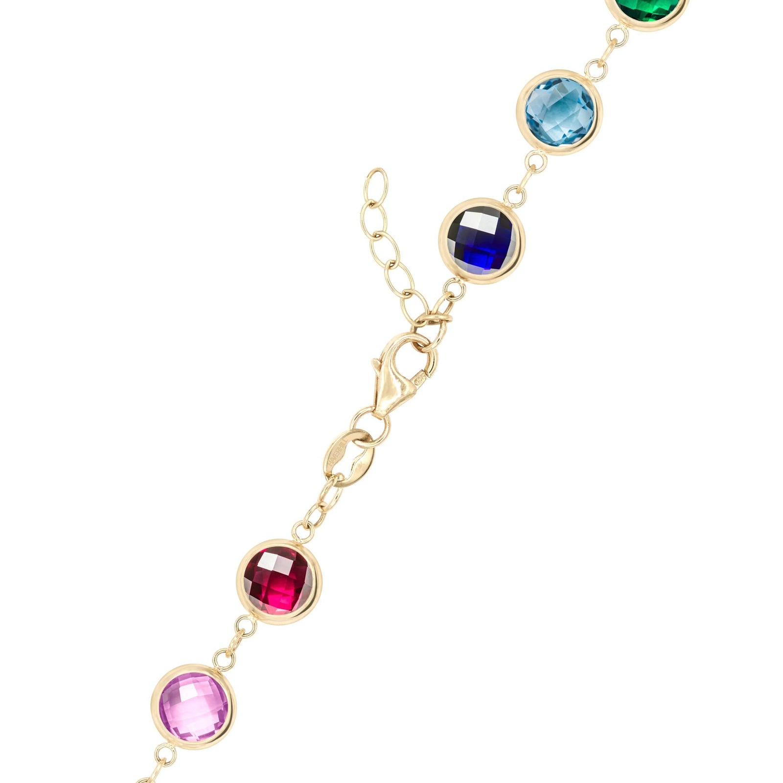 14k yellow gold 1.17 mm cable chain with a lobster claw clasp and 6 mm rainbow hued briolette cut bezel set amethysts