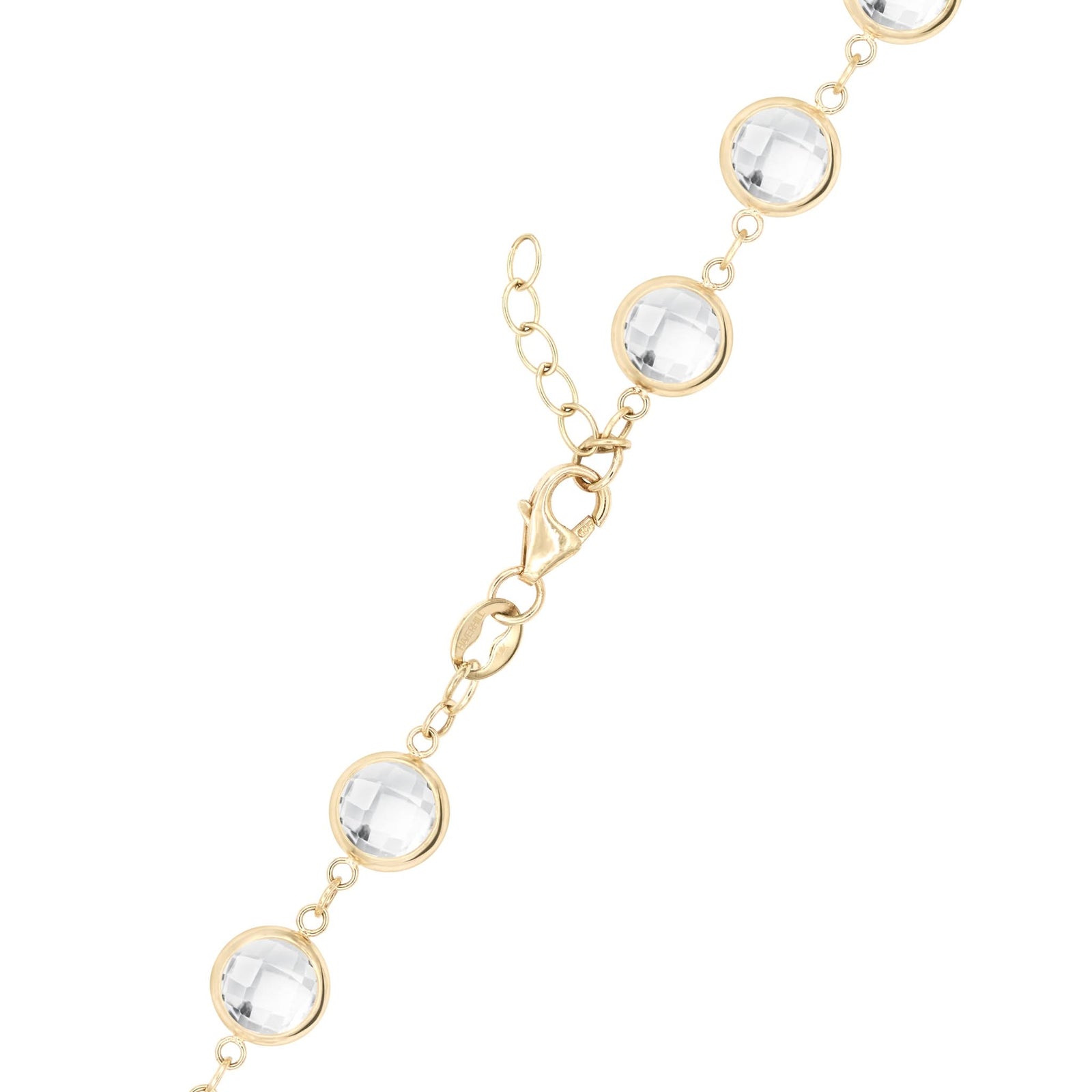 14k yellow gold 1.17 mm cable chain with a lobster claw clasp and 6 mm briolette cut bezel set white topaz