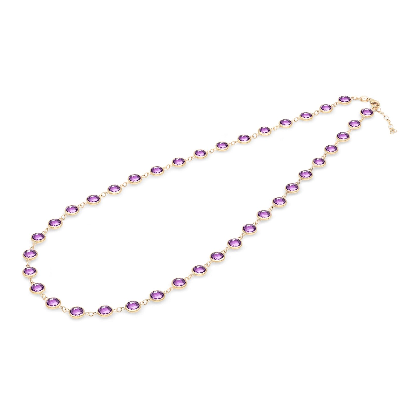 Newport Grand 14k yellow gold necklace featuring thirty-eight 6 mm briolette cut bezel set amethysts