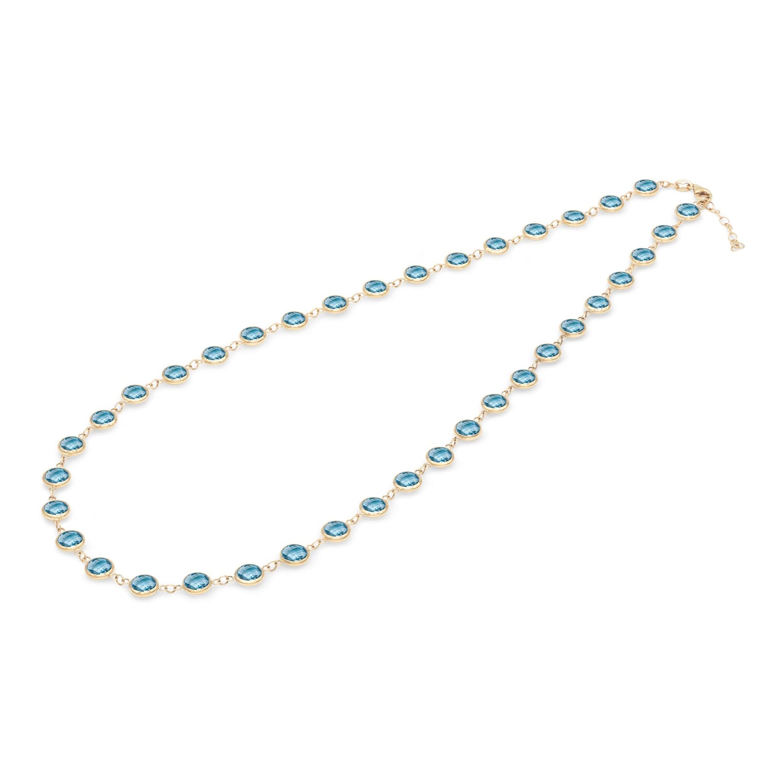 Newport Grand 14k yellow gold necklace featuring thirty-eight 6 mm briolette cut bezel set Nantucket blue topaz