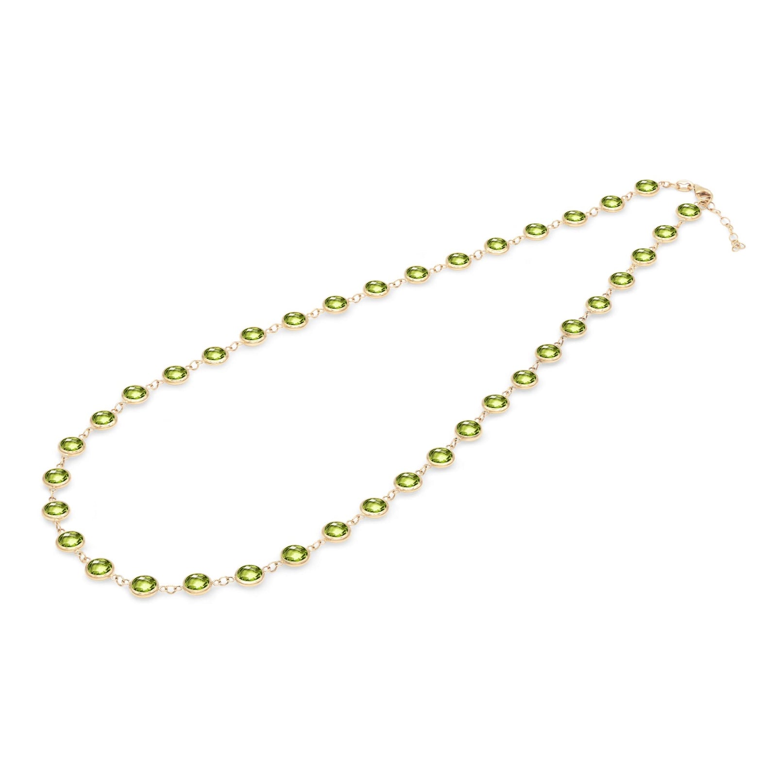 Newport Grand 14k yellow gold necklace featuring thirty-eight 6 mm briolette cut bezel set peridots