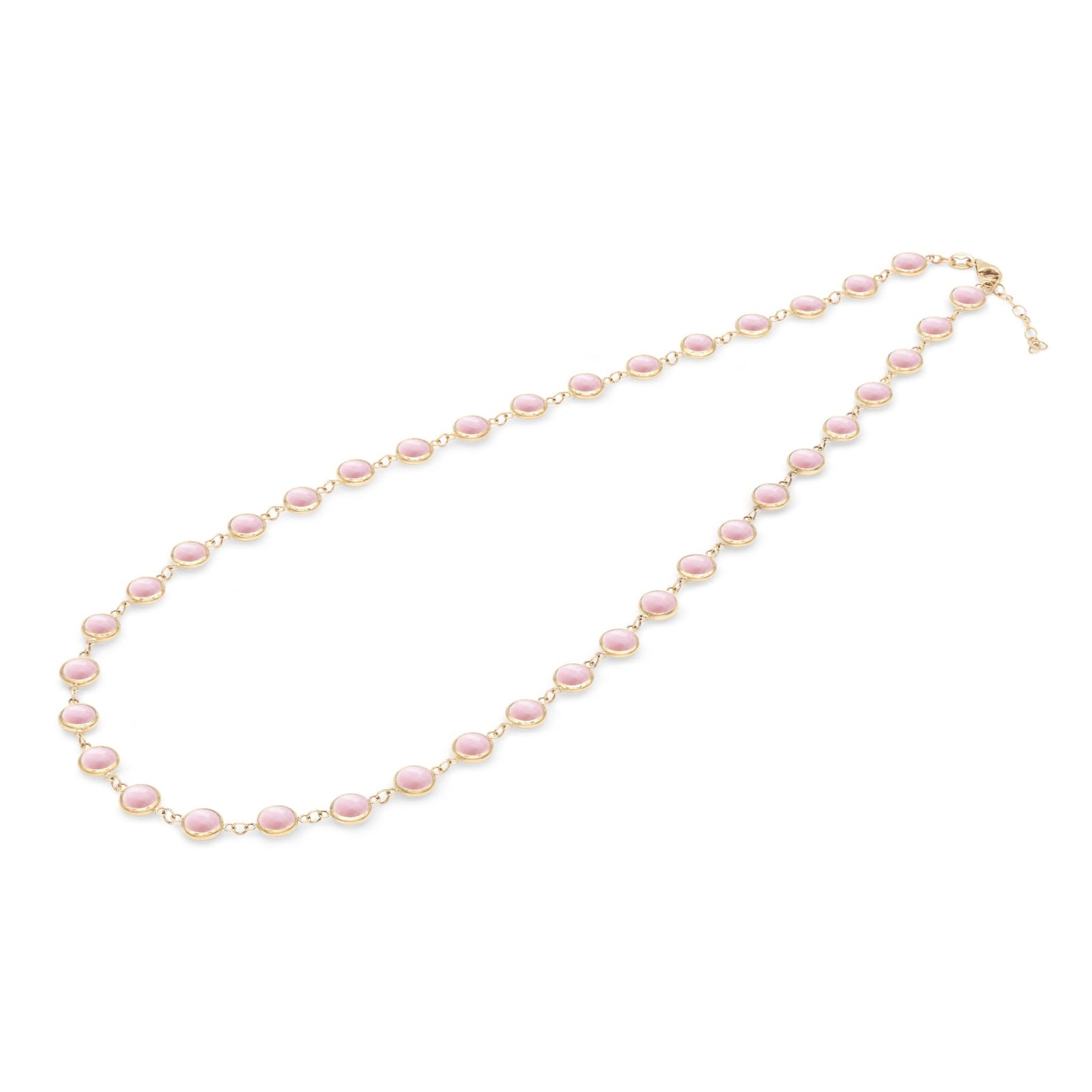 Newport Grand 14k yellow gold necklace featuring thirty-eight 6 mm briolette cut bezel set pink opals