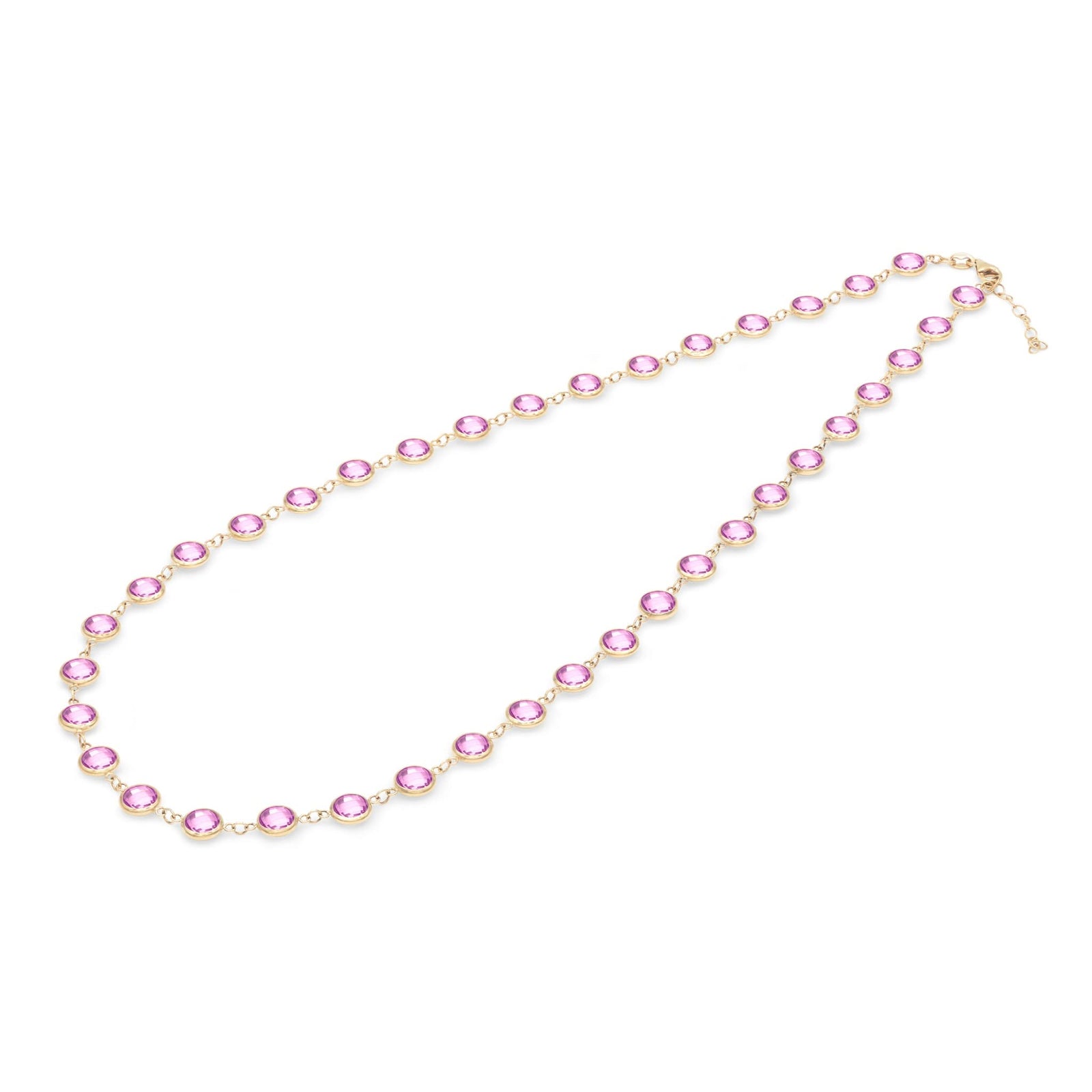 Newport Grand 14k yellow gold necklace featuring thirty-eight 6 mm briolette cut bezel set pink sapphires