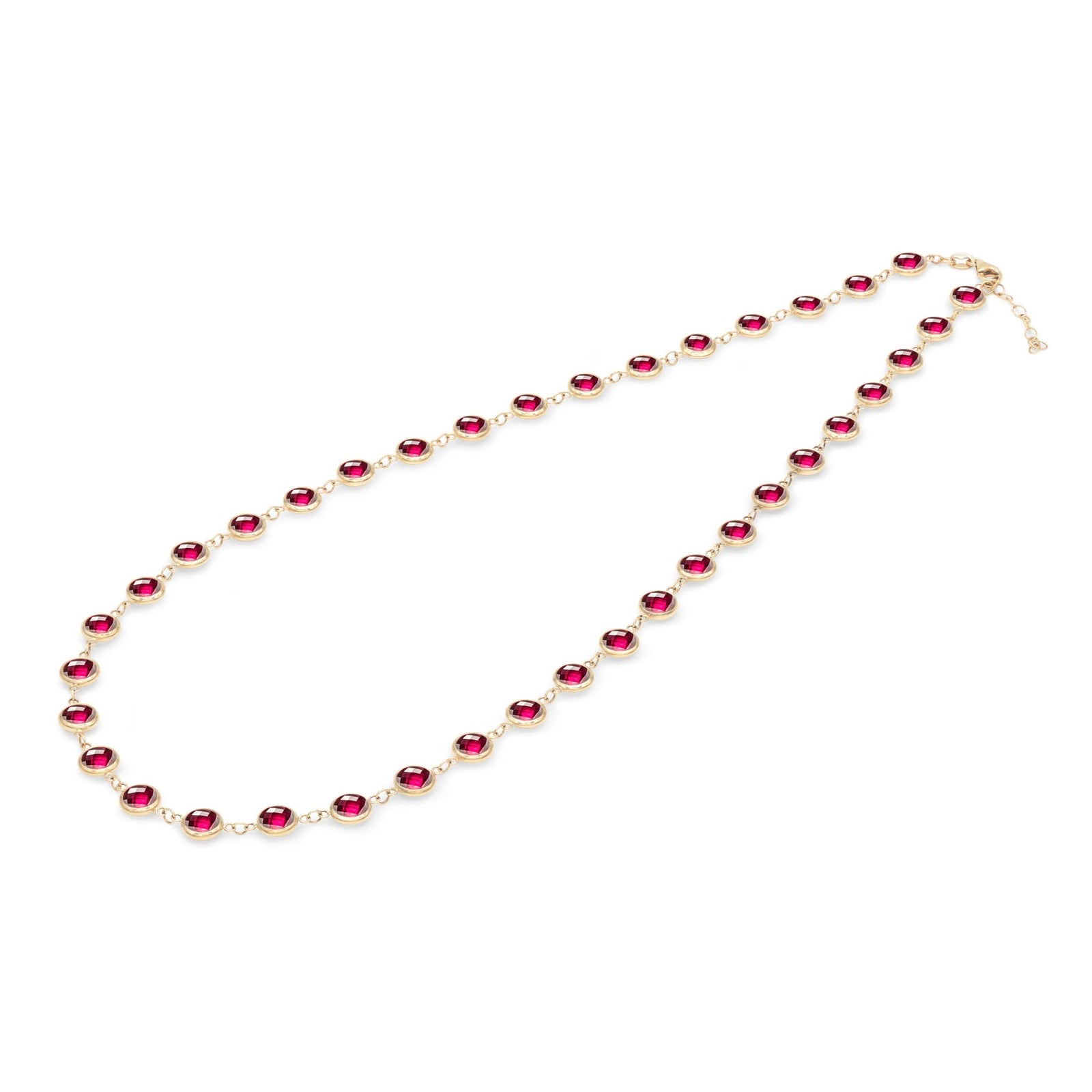 Newport Grand 14k yellow gold necklace featuring thirty-eight 6 mm briolette cut bezel set rubies