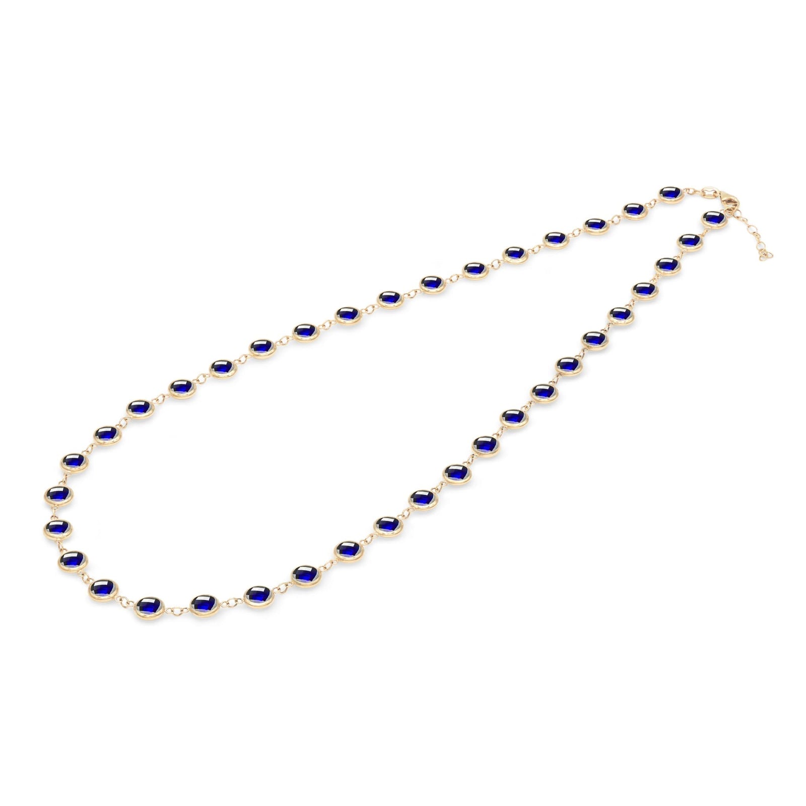 Newport Grand 14k yellow gold necklace featuring thirty-eight 6 mm briolette cut bezel set sapphires