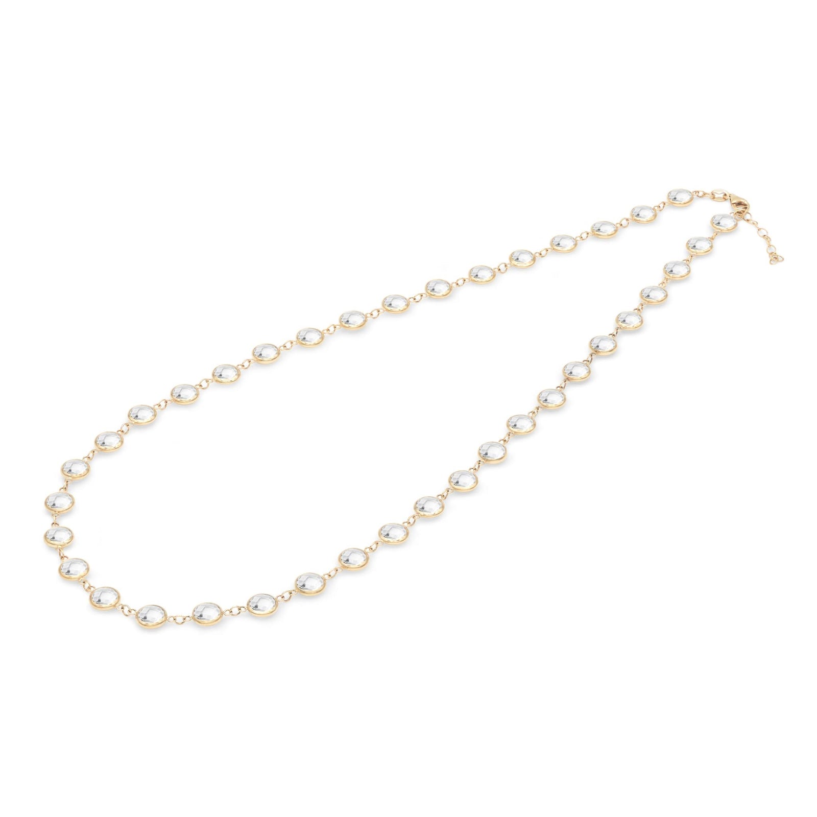 Newport Grand 14k yellow gold necklace featuring thirty-eight 6 mm briolette cut bezel set white topaz