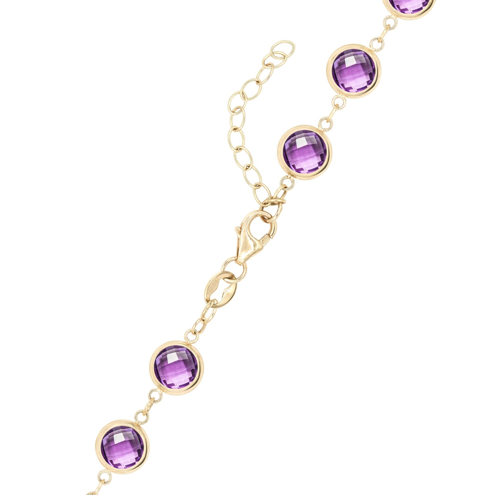14k yellow gold 1.17 mm cable chain with a lobster claw clasp and 6 mm briolette cut bezel set amethysts