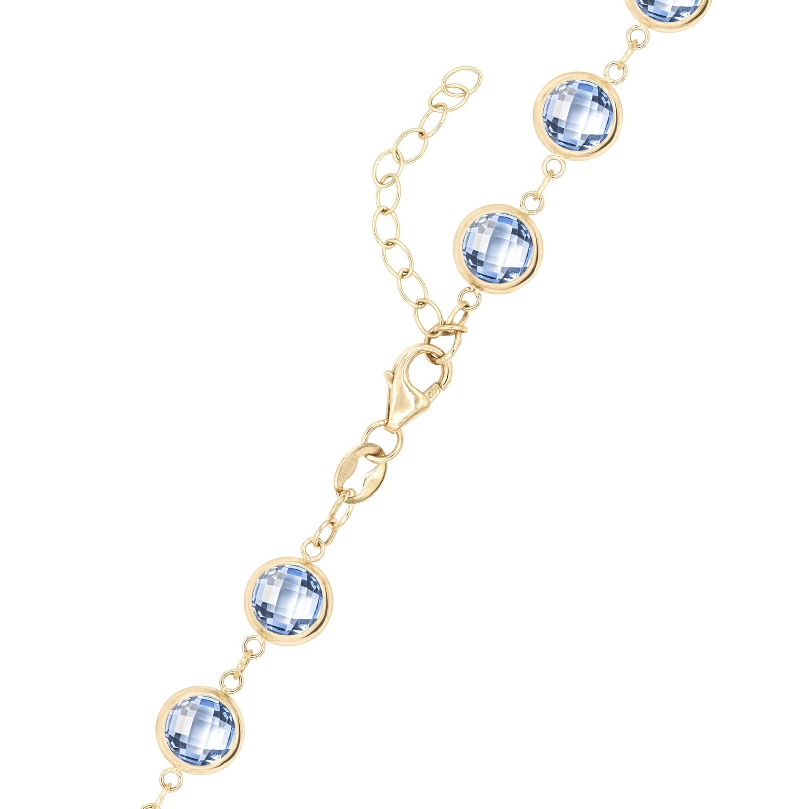 14k yellow gold 1.17 mm cable chain with a lobster claw clasp and 6 mm briolette cut bezel set aquamarines