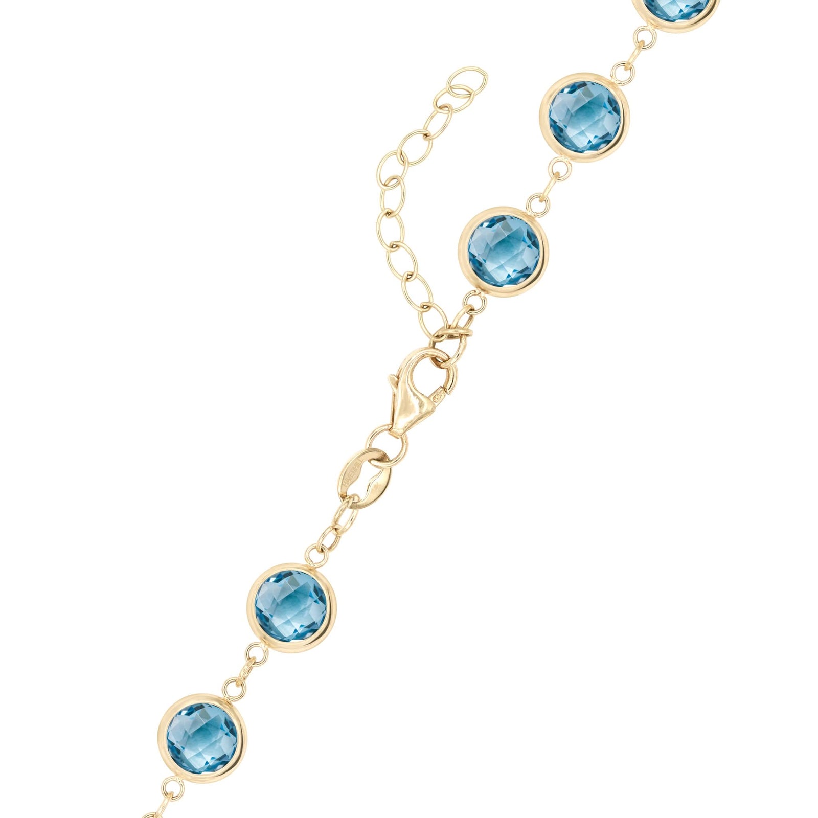 14k yellow gold 1.17 mm cable chain with a lobster claw clasp and 6 mm briolette cut bezel set Nantucket blue topaz