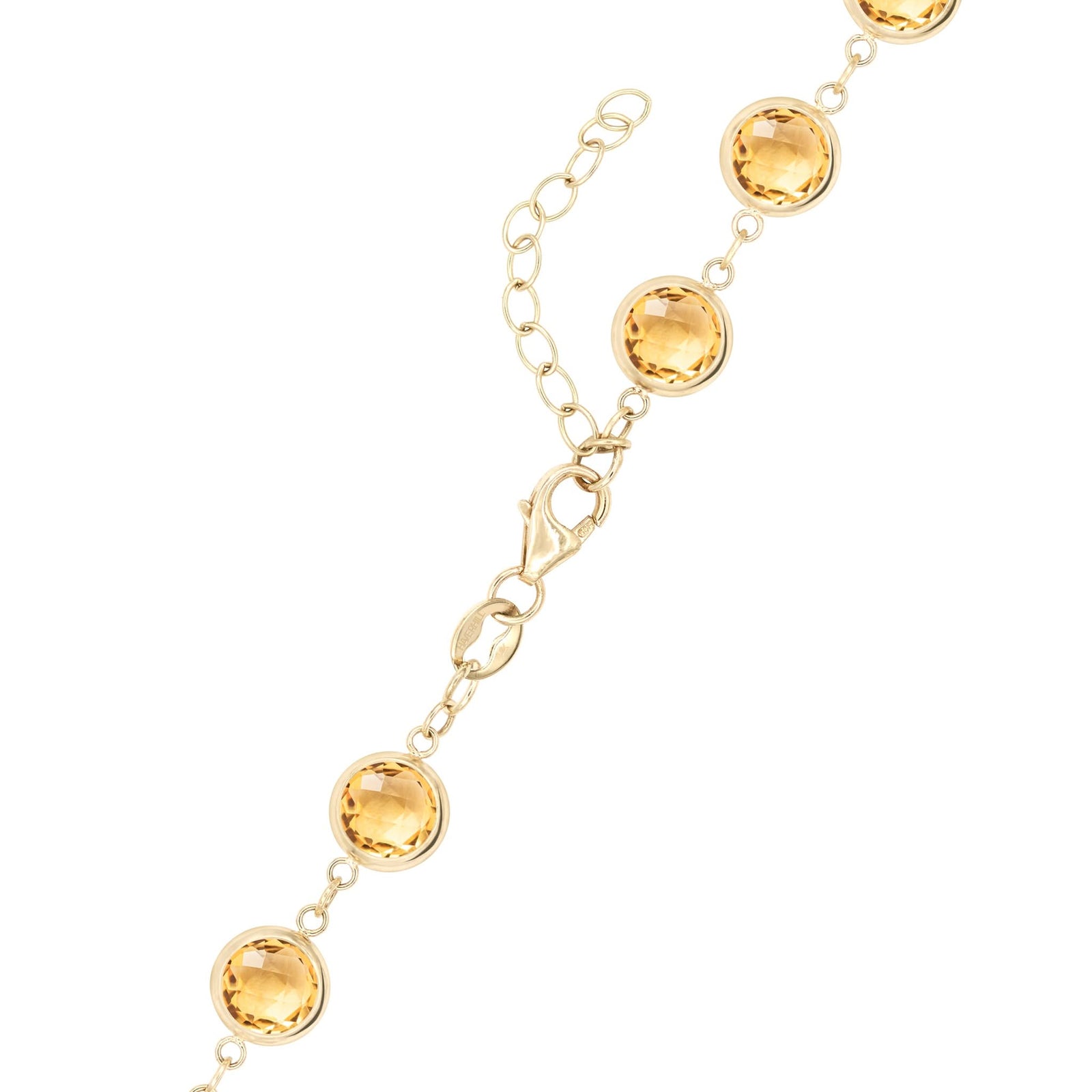 14k yellow gold 1.17 mm cable chain with a lobster claw clasp and 6 mm briolette cut bezel set citrines