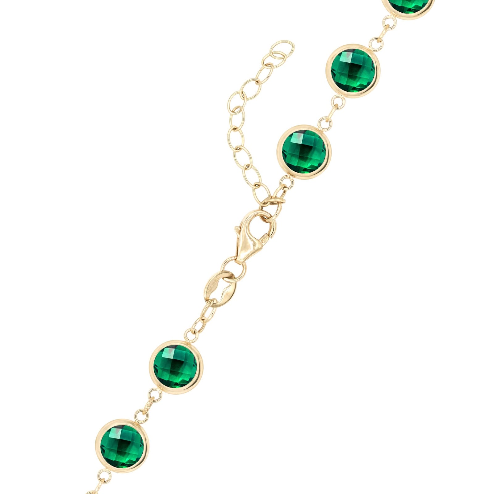 14k yellow gold 1.17 mm cable chain with a lobster claw clasp and 6 mm briolette cut bezel set emeralds